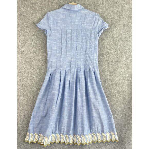 Suno Dress Womens 4 Blue Pleated Embroidery Gold Trim Midi Short Sleeve Resort - Picture 11 of 16